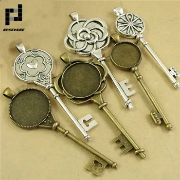 

BASEHOME 5pcs/lot Antique Bronze Key Pendant Settings Flower Pendant Base Blank Fit 20mm 25mm Cabochons Cameo DIY Necklace