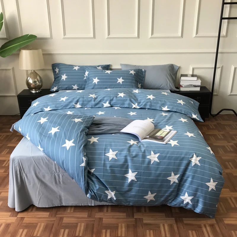 

iDouillet Modern Stars & Stripes Bedding Set 100% Cotton Bed Flat Sheet Pillowcases Duvet Cover Zipper Queen King Size Bed Linen