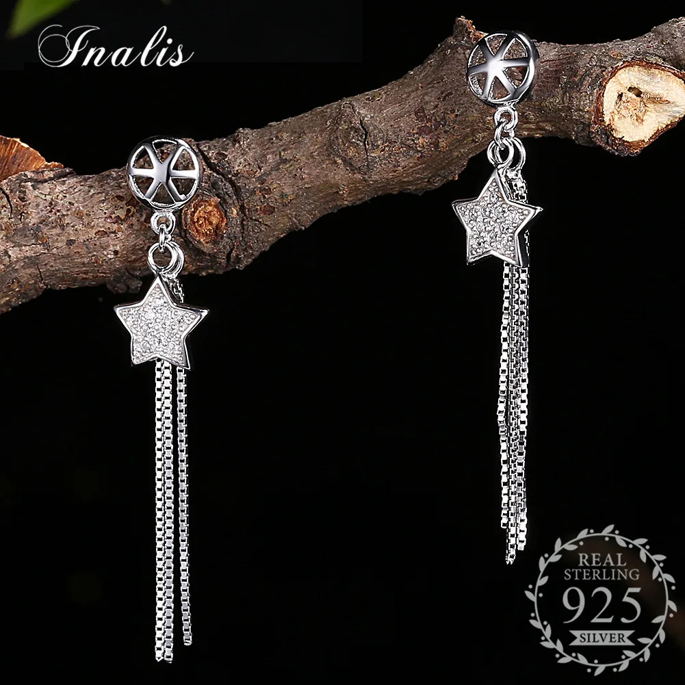 

INALIS Drop Earrings 100% 925 Sterling Silver Twinkle Star Clear Zircon CZ Pendientes Brincos Aretes Jewelry Gift for Women