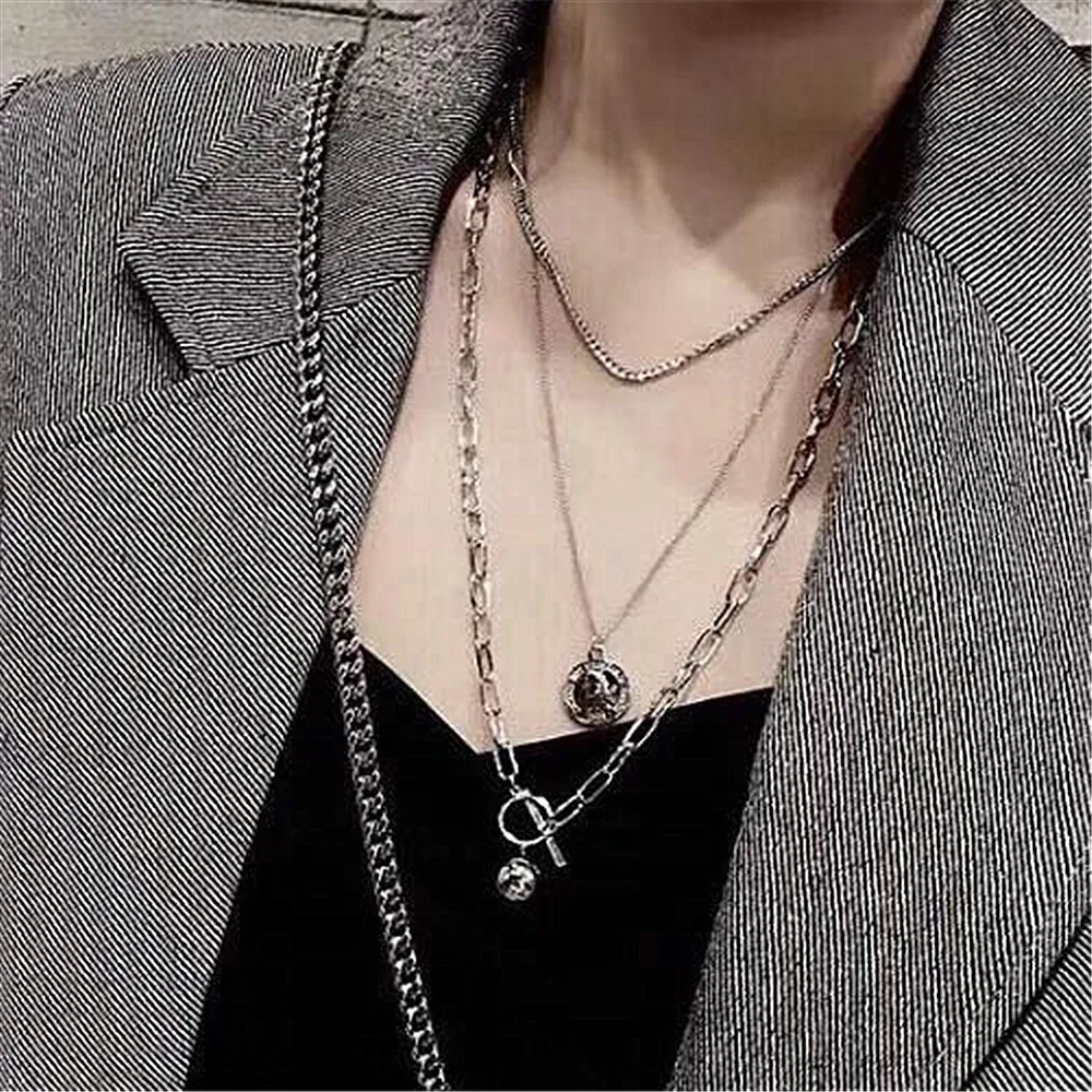 

2019 New Trendy Metal Ball Coin Pendant Multi-layer Punk Casual Design Long Chain Necklace For Women men Jewelry Gifts