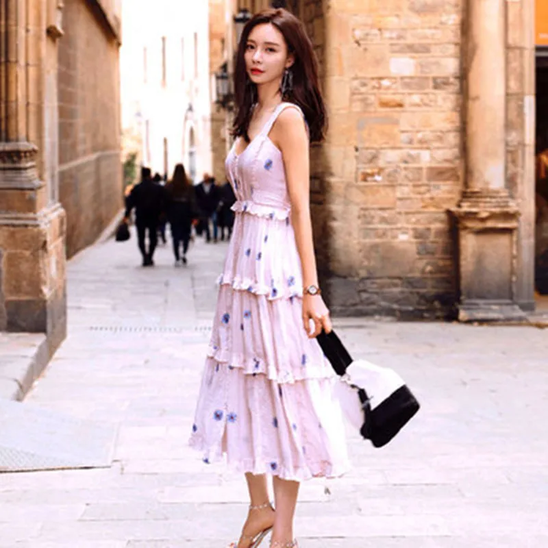 

Retro Wave Point Print Lotus Leaf Cake Seaside Holiday Beach Back Suspended Sweet Dress 2019 Robe Femme