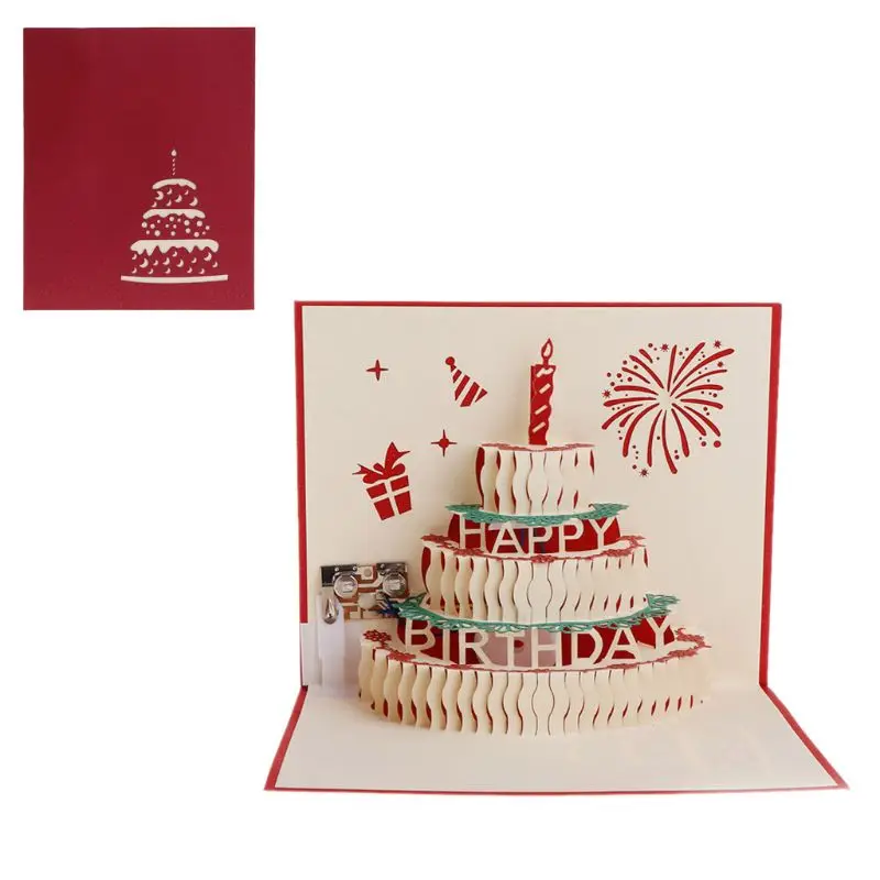 

3D Pop Up Greeting Card Happy Birthday Cake Music LED Postcard With Envelope New AUG-12D