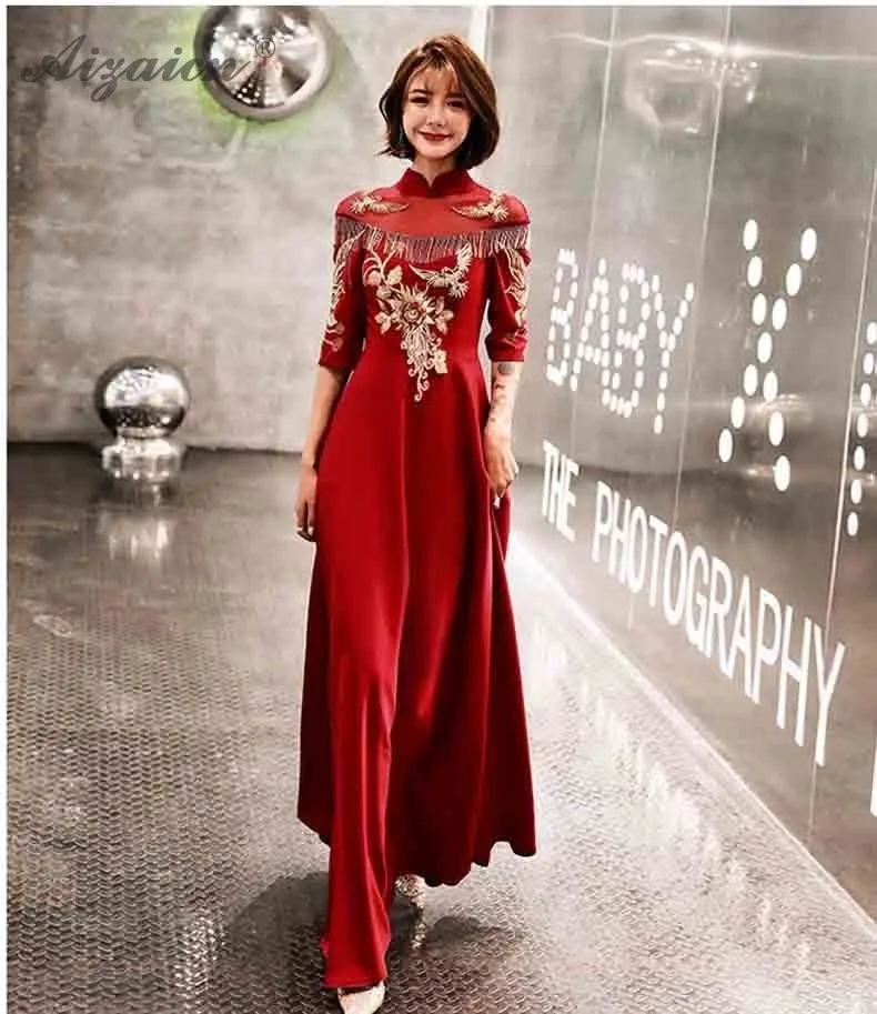 Bordado rojo Qipao chino tradicional boda Vestido Cheongsam винтажный bata 2019 Восточный ropa Китай borla larga vestidos