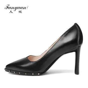 

Fanyuan Heels White Black Genuine Leather Pointed Toe 8CM Chunky High Heels Prom Wedding Shoes Women High Heels Women Pumps