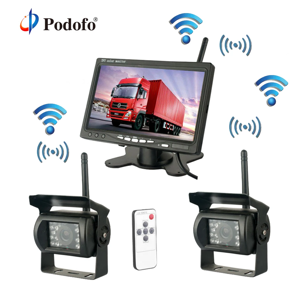 

Podofo Wireless Dual Rear View Backup Reversing Cameras Waterproof IR Rearview Camera 7" Monitor Kit for RV Truck Trailer Bus