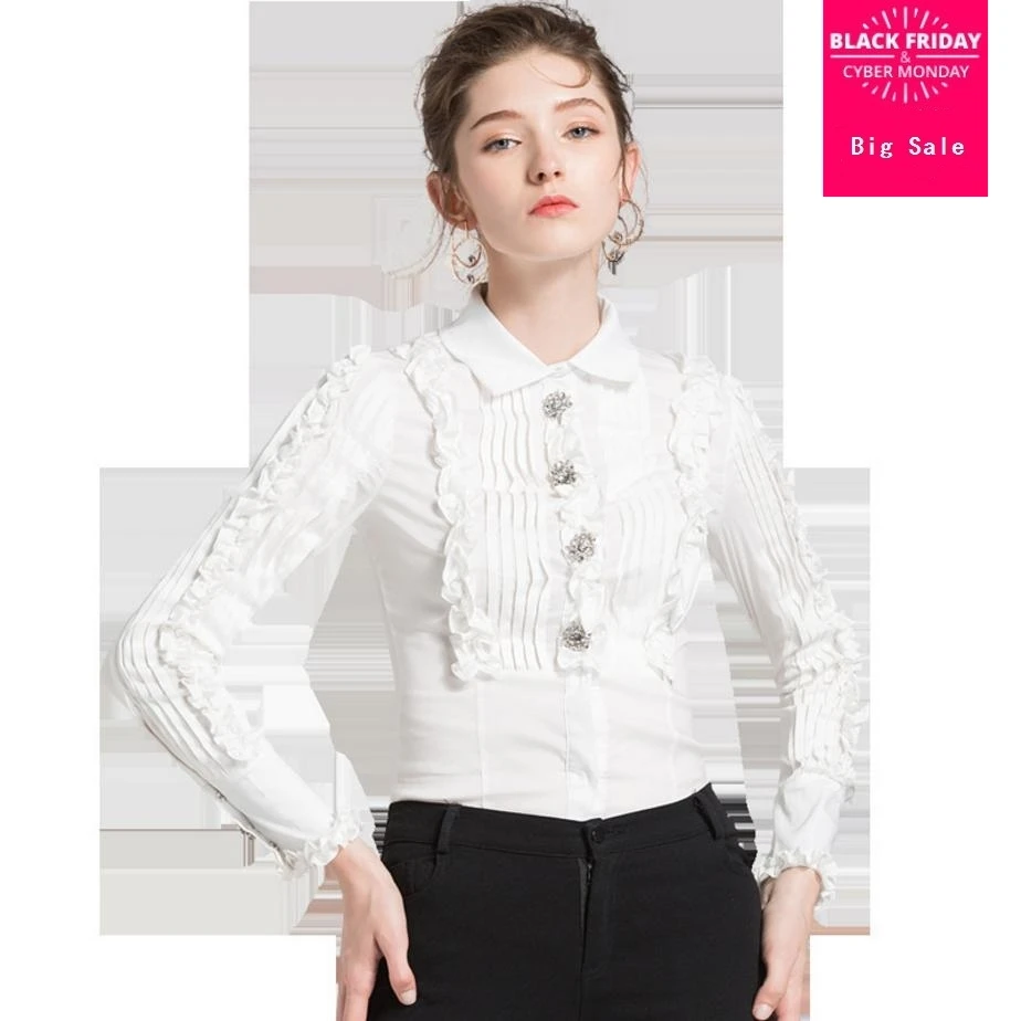  2019 summer new stitching wooden ear chiffon blouses female temperament retro pleated rhinestone bu