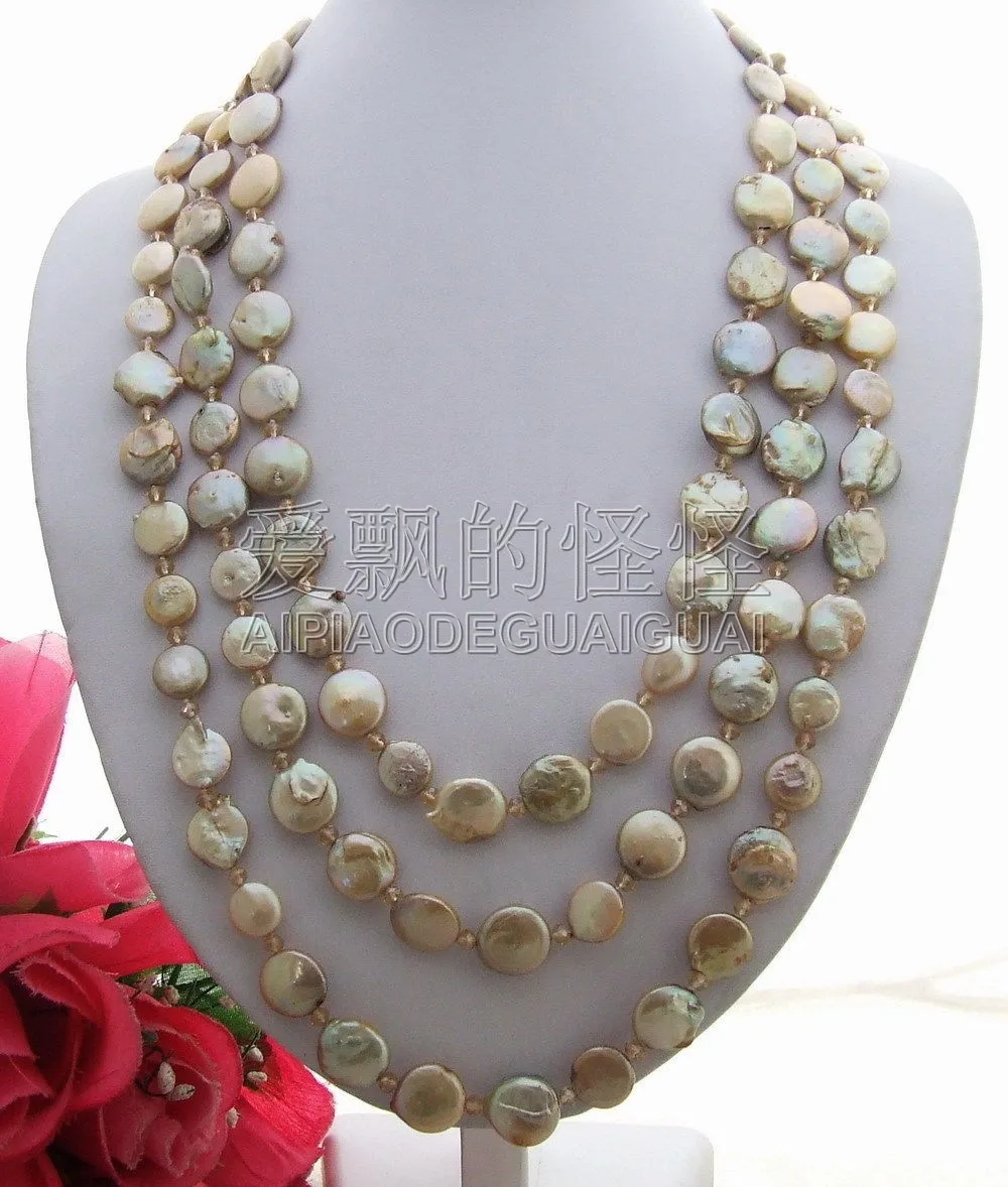 R041505 80'' Champagne Coin Pearl&Crystal Necklace