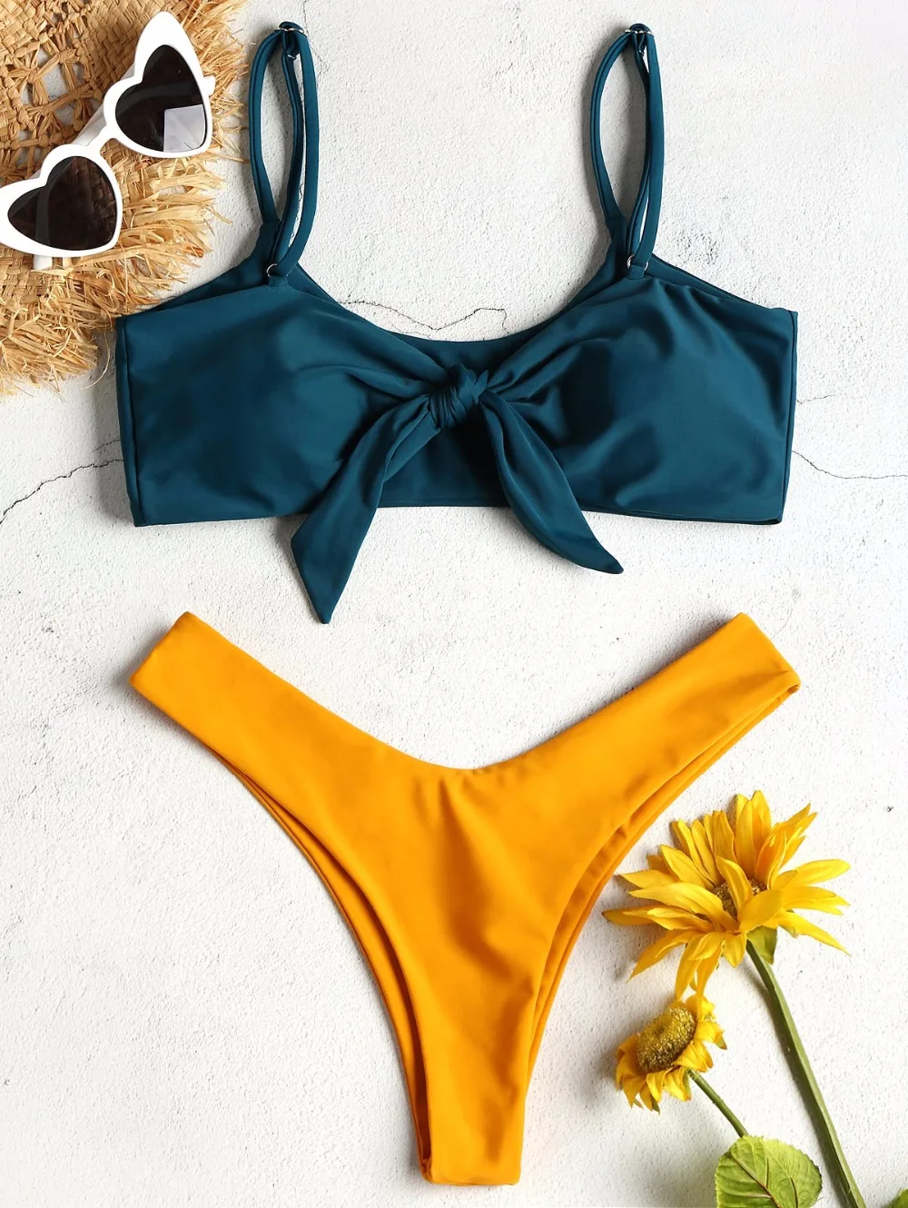 Two Tone Knot Bikini Women High Cut Bikini Set V Neck Bathing Suit