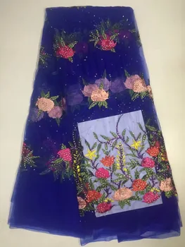 

ROYAL BLUE New arrive Pretty african lace fabric with stones embroidery french tulle lace fabric 5 yards per lot D13493