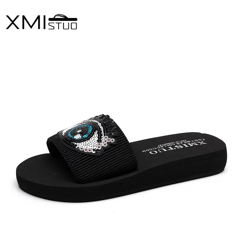 

XMISTUO Summer Women with Big Bling Eyes Female Beach Slippers Open Toe Slippers with Low-heeled Slides Outside 2 Color 7210