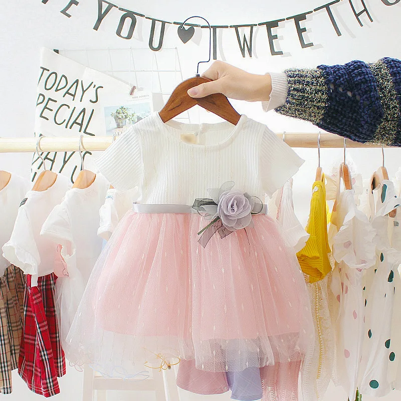 Новое летнее платье, однотонное платье с цветочным рисунком для маленьких девочек, праздничное платье принцессы с фатиновой юбкой-пачкой