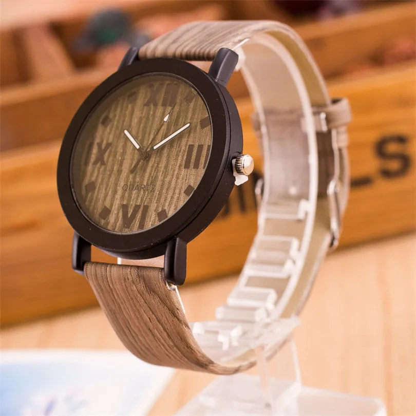 

Durable Fashion watch men relogio masculino Roman Numerals Wood Leather Band Analog Quartz Vogue Wrist Watches