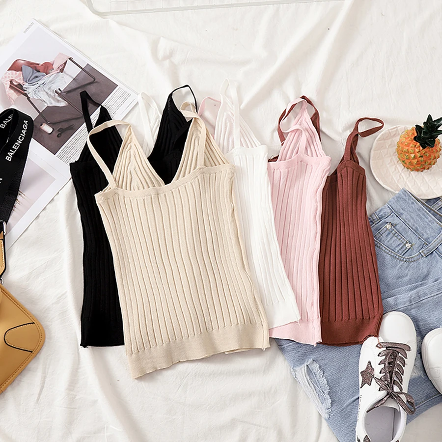 

Crop Tops Women 2019 Sexy Knitted Tank Tops Gold Thread Top Vest Summer Camisole Women White Tank Top Fitness Femme T shirt