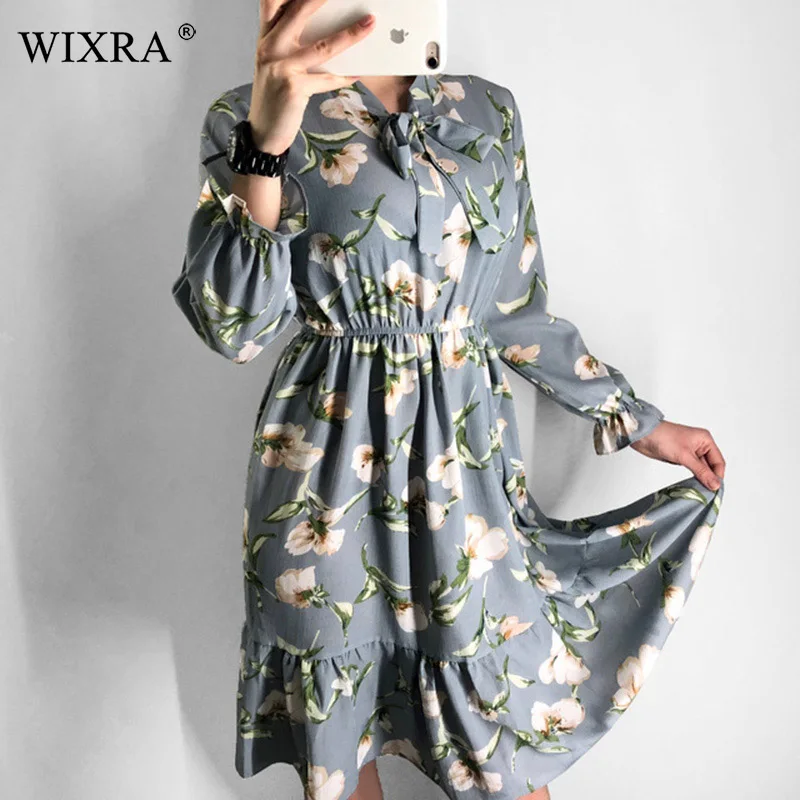 

Wixra 2019 Spring Summer Women's Fashion Sweet Elastic Waist Bow Dresses Chiffon Flower Print Women Lace up Dress