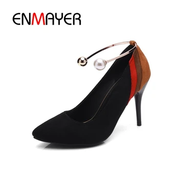 

ENMAYER High Heels Women Pumps Spring Pointed Toe Dress Office Shoes Women shoes Flock Thin heels Metal decoration Patch CR162