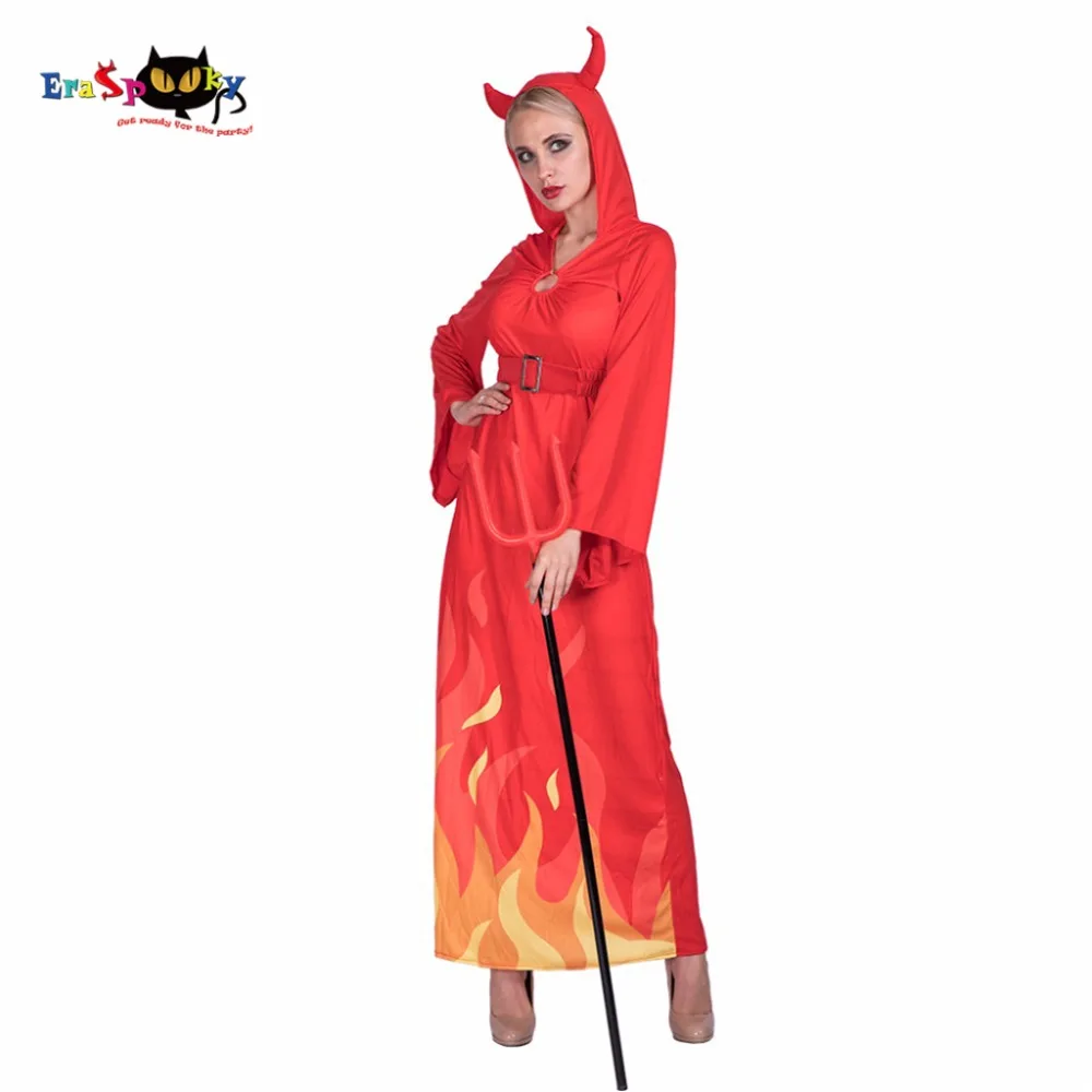 

2017 Hot Sale Fancy Red Fire Printed Long Dress Hooded Adult Party Cosplay Costume Women Flame Devil Woman Halloween Costume