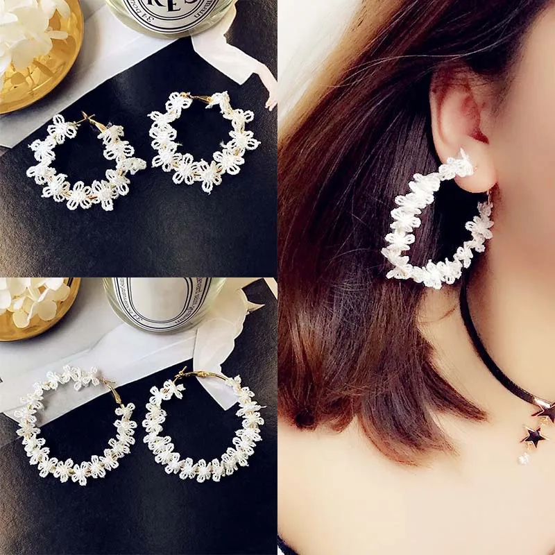 

2018 New Earrings Girls White 1Pair Tassel Long Circle Small Big Earrings for girl Silvery Flower Lace Women Allergy Free Korean