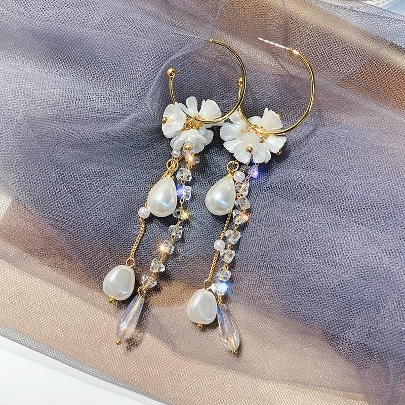 

Exquisite Long Tassel Earrings for Women Flowers Pearl Zirconia Dangle Drop Earrings Personality Wedding Engagement Jewelry