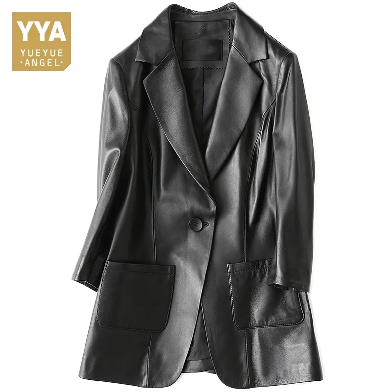 Beste Vrouwen Luxe Schapenvacht 100% Echt Lederen Blazer Jas Turn Down Kraag Enkele Knop Office Dames Werk Leren Jas Slim Fit
