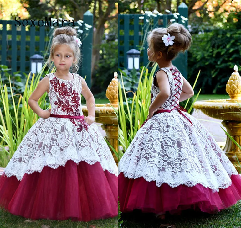 Белые кружевные Бордовые Платья с цветочным узором Для Девочек Пышные пышные фатиновые платья с аппликацией для девочек платья для дня рождения Новогоднее платье