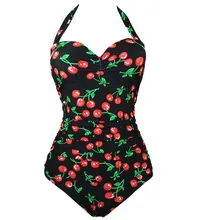 2016 Summer Swimwear Sexy Vintage Floral Print Monokini Cherry Swimsuit Halter Push up One piece Bathing suit Plus Size XXXL print floral one piece swimsuit summer dress padded widen shoulder strap sexy halter plus m 4xl skirted bathing suit