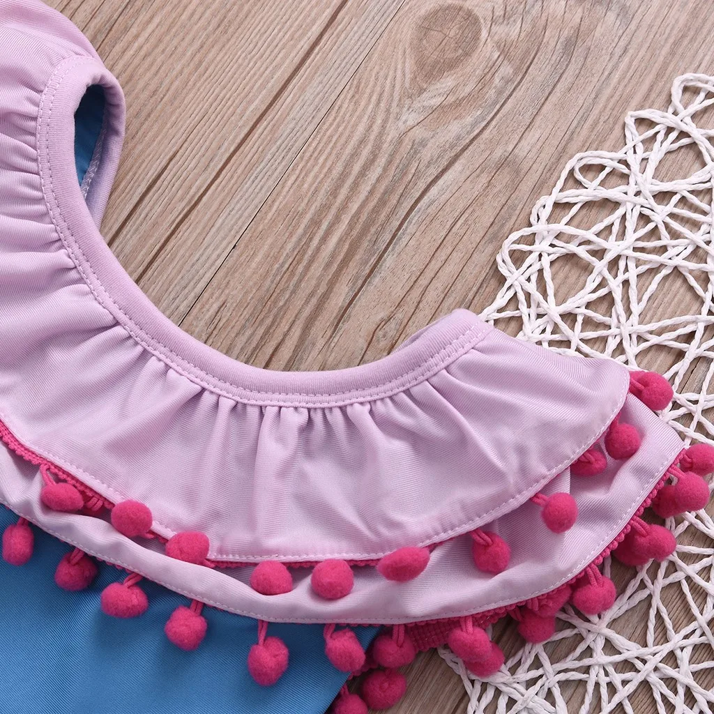 Детские купальники для девочек из полиэстера, Цельный купальник, купальный костюм, бикини, гофрированная кисточка, пляжная одежда без рукавов, Детский комбинезон K530