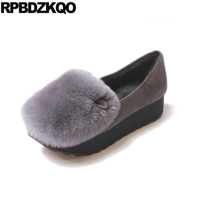 

winter thick sole suede gray round toe elevator designer shoes women luxury 2018 platform muffin wedge creepers rabbit fur bow