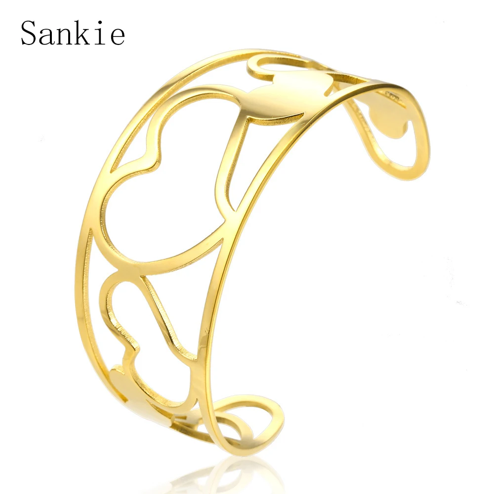 

Sankie Heart-shaped Cuff Bracelets&Bangles For Women Hollow Gold Color Stainless Steel Bangle Bracelet Fashion Jewelry Wholesale