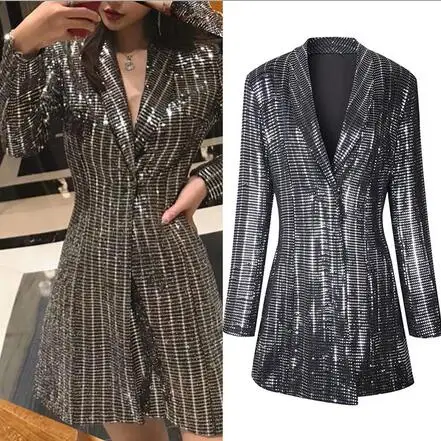 

Spring Crystale Sparkly Female Coat Jacket Formal Office Ladies Long Sleeve Coats Turn-down Collar Jeans Coat WF494