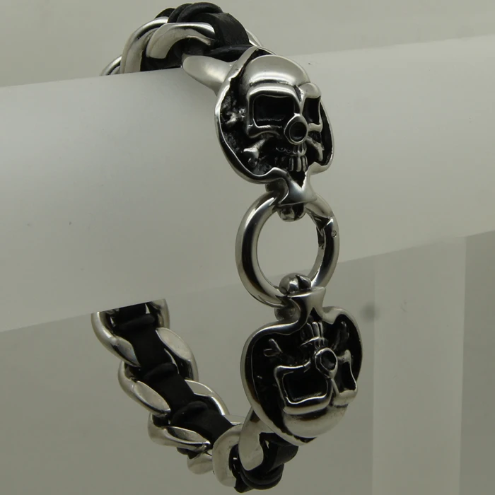 cool bone skull in pocker spade woven leather 316 stainless steel bracelet new