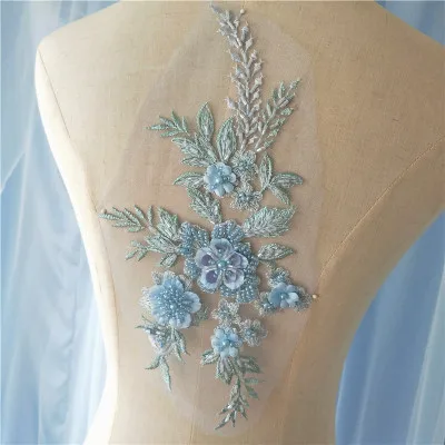 

1 piece light blue lace applique, heavy bead lace applique, 3D lace applique with rhinestones, bridal headpiece
