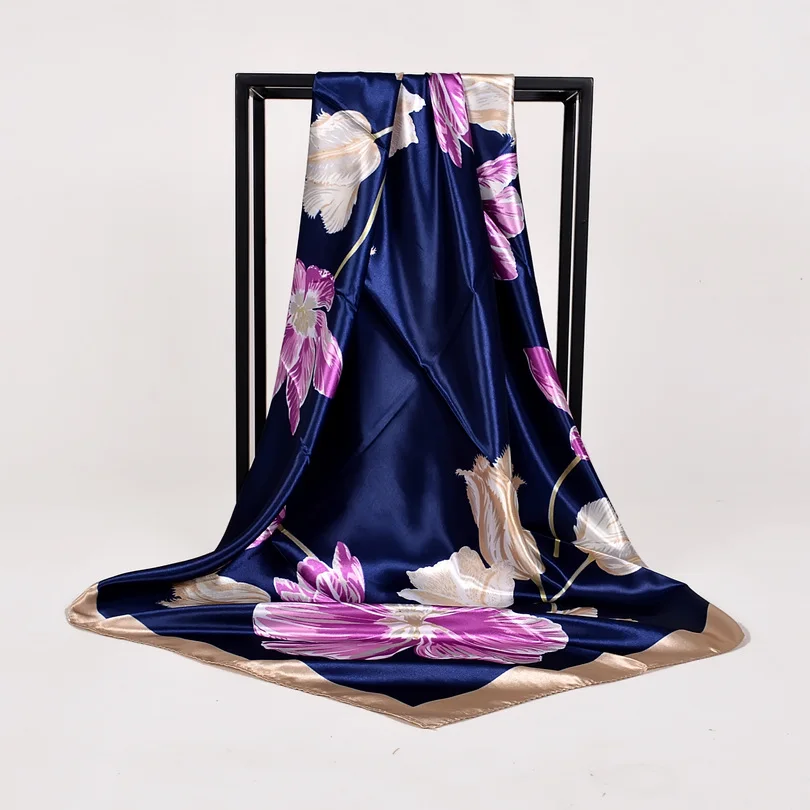 [BYSIFA] синий чистый Шелковый атласный шарф, шаль, Женский брендовый цветочный дизайн, большие квадратные шарфы, элегантный мусульманский женский платок - Цвет: navy blue pink