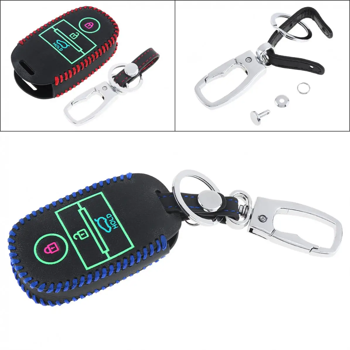 3 Colors Buttons Hand Sewed Leather Noctilucent Car Key Cover Protector Holder with Hang Buckle for KIA RIO Sportage 2016 Ceed | Автомобили