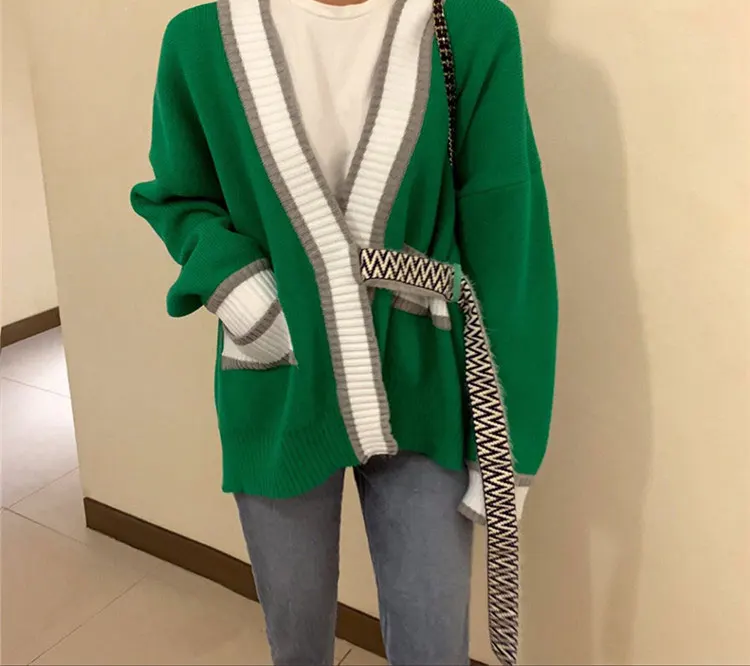 Женский осенний свитер с одной пуговицей в стиле пэчворк с v-образным вырезом, сексуальный зеленый белый свободный длинный рукав, вязаный кардиган, пальто, корейский Повседневный