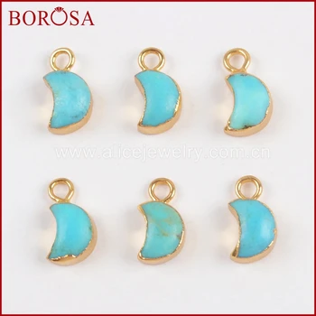 

BOROSA 10PCS Crescent Gold Color Natural Blue Stone Natural Turquoises Charm Pendant Beads for Necklace for Earrings DIY G1511