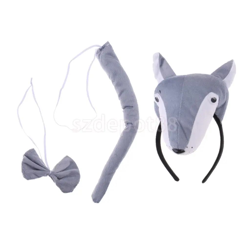 Kids Wolf Costume Set Accessory Headband Tails Bow Tie Fancy Dress Role Play Birthday Party Gift