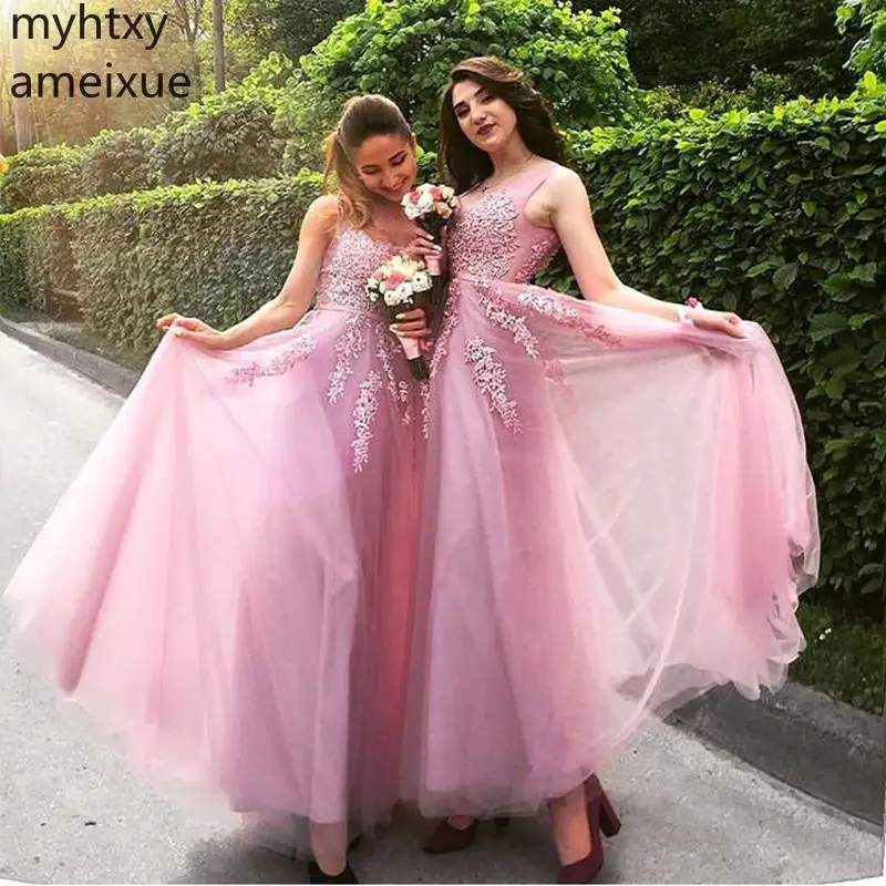 

2021 New Vestidos De Baile A-line Prom Dresses Illusion Bodice Scoop Neck Pink Tulle Elegant Long Appliques Gowns Plus Size Prom