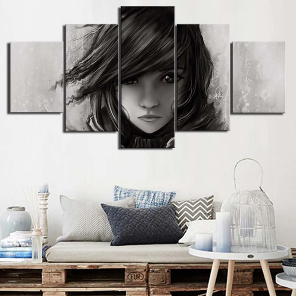 Canvas-Posters-Home-Decor-Wall-Art-Framework-5-Pieces-Black-and-White-Girl-Paintings-For-Living (3)