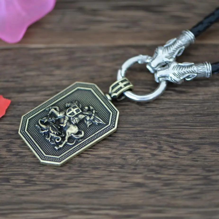 Langhong 1 шт. Святого Георгия защитить меня святая молитва религиозное ожерелье защита Шарм ожерелье ювелирные изделия-талисманы - Окраска металла: Leather Cord Three