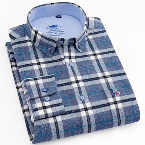 Men's Brushed Cotton Plaid Button Down Collar Shirt Single Patch Pocket Long Sleeve Regular fit