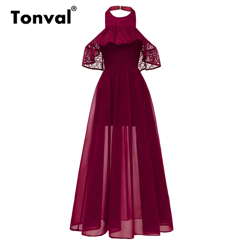 Tonval, винтажное шифоновое платье макси, кружевное, с рюшами, на бретелях, элегантное, с открытой спиной, платье для женщин, вечерние, с открытыми плечами, длинное платье