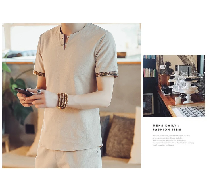 Новый мужской китайский Винтажный стиль рубашка Мандарин Воротник Slim Fit с короткими рукавами хлопок лен Повседневная мода Топ рубашка