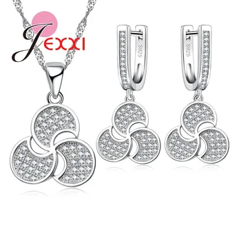 

New CZ Crystal Necklace Pendant Chain Earrings for Women Set Clover Wedding 925 Sterling Silver Jewelry Sets