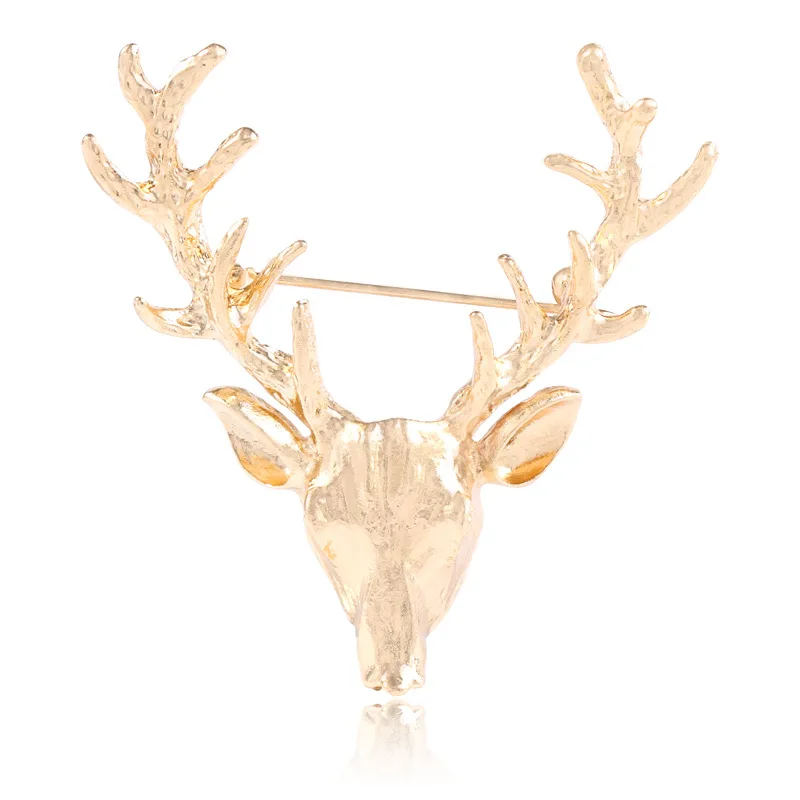 Unisex Animal Christmas Xmas Popular Cute Gold Deer Antlers Head Pin Brooches For Women Lady Classical Decoration Pins
