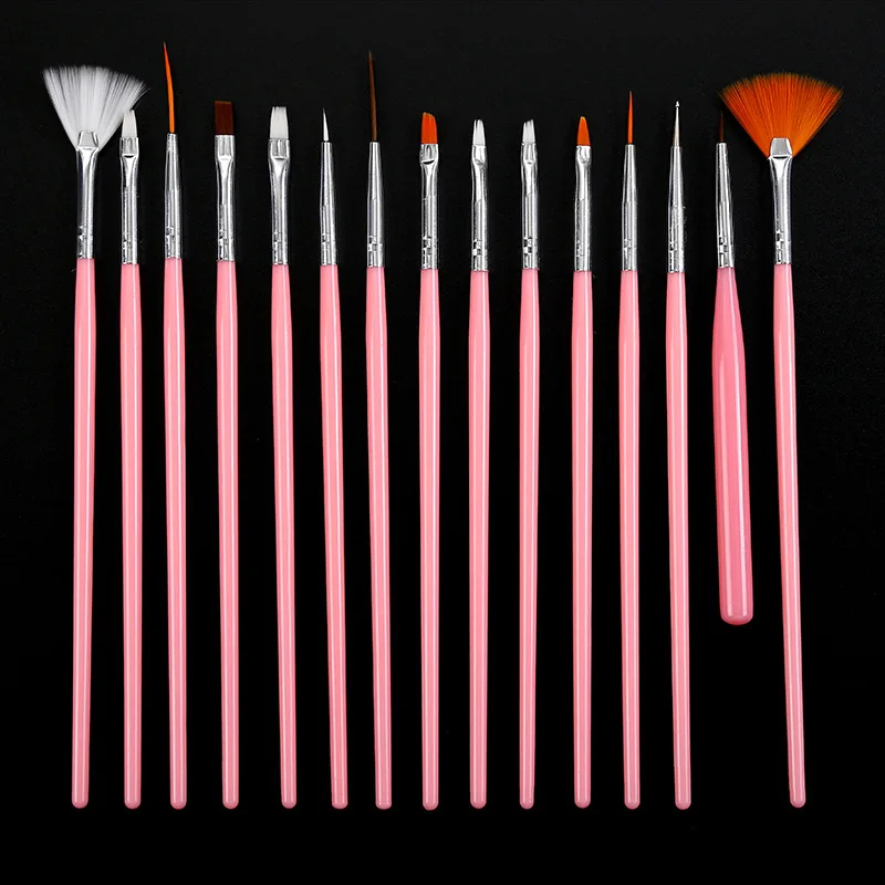 15 шт. для дизайна ногтей, кисть для нанесения лака, дизайн веера, акриловый строитель, плоская кристальная живопись, рисунок, ручка для резьбы, УФ-гель, набор инструментов для маникюра - Цвет: Pink