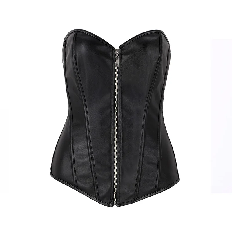 women Leather Zipper Corset black strapless leather top espartilho corpete Steampunk corselet