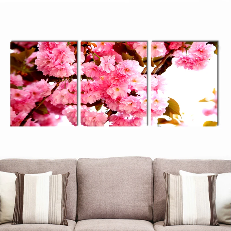 

Pink cherry beautiful flower canvas painting home deco art prints 3 psc realist wall pictures for corridor living room hotel bar