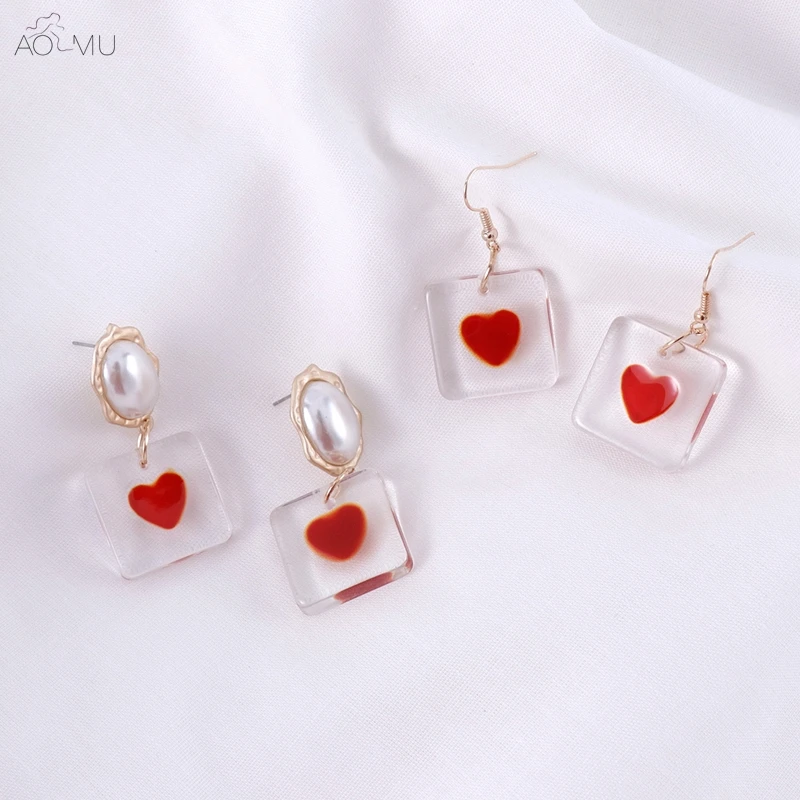 

AOMU 2019 Korean Sweet Acrylic Transparent Love Heart Pearl Square Dangle Drop Earrings for Women Girl Party Gift Jewelry Bijoux