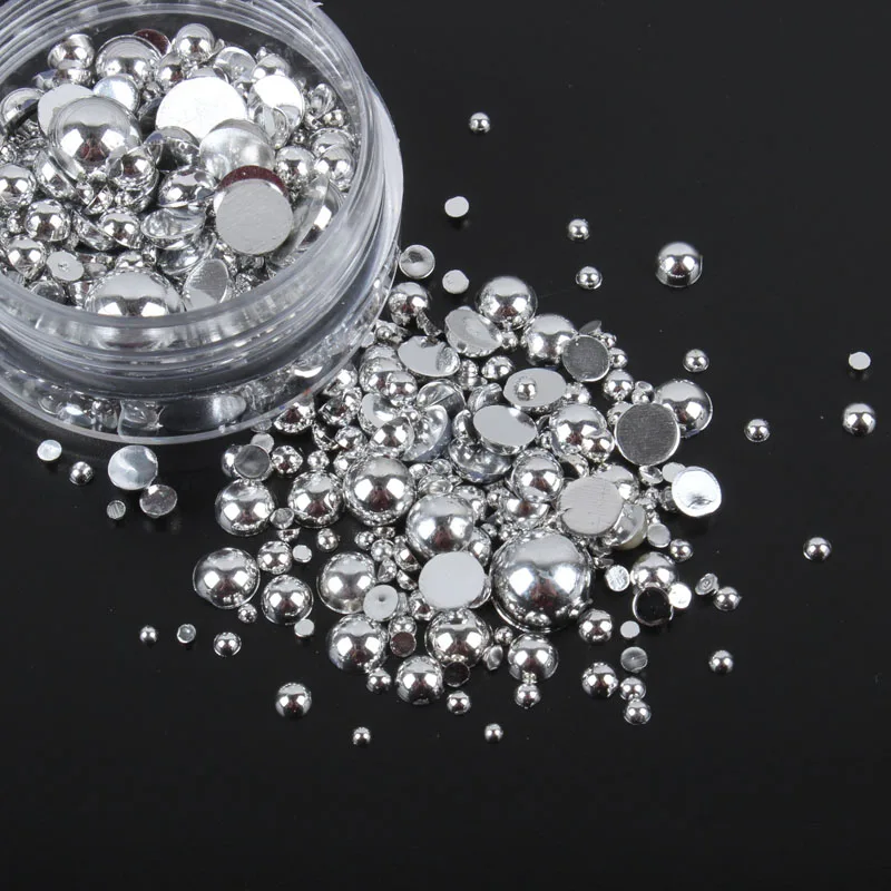 

Half Round Flatback ABS Plastic pearl beads Silver Color Mix Size About 15g/lot for Nail art and Phone Case DIY accessories