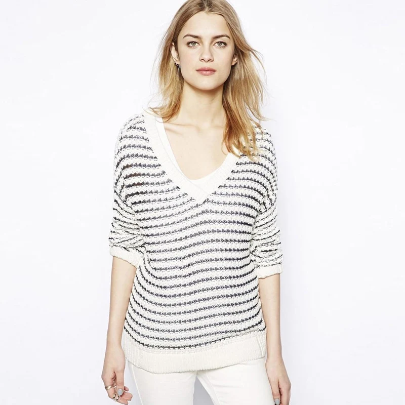 HYH HAOYIHUI 2018 Fashion Sexy Black-white Stripe Women Sweater Female Long Sleeve V-neck Knit Casual Pullover Sweaters Lady